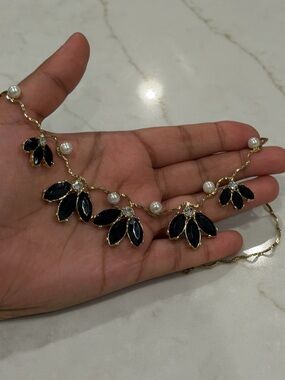 Black Crystal & Faux Pearl Statement Necklace | Gold Tone Floral Bib Necklace